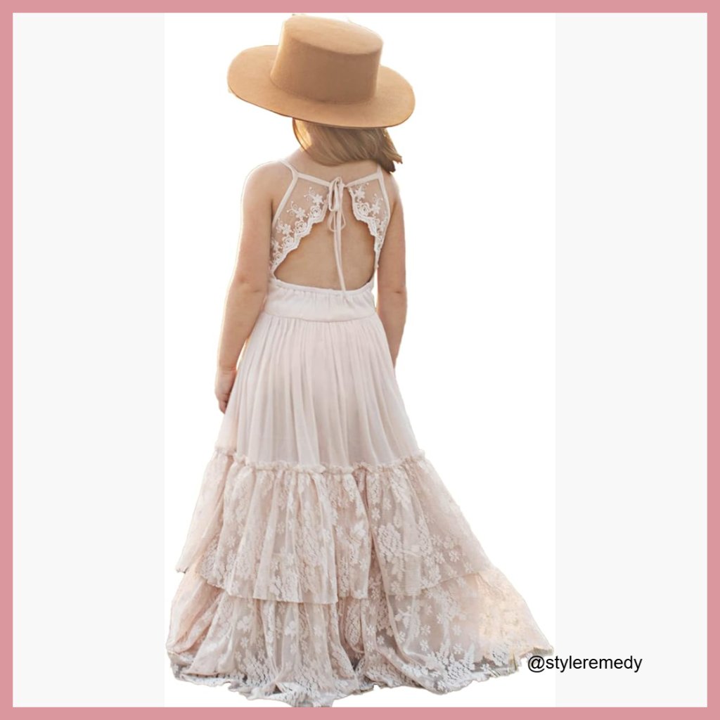 Lace Back Backless Tulle Flower Girl Dress Formal Party